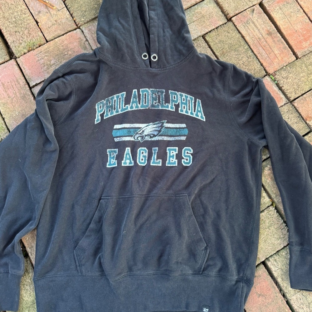 47 Brand Philadelphia Eagles Mens‎ XL Black Distressed Graphic Hoodie Sweatshirt